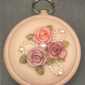 Dezine Trinket Box In Pocket Watch Shape Soft Pink Floral & Pearl Design 1993